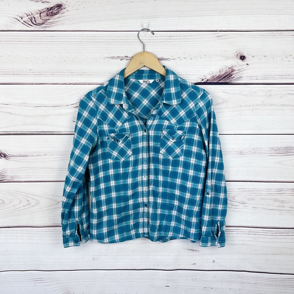 M & Co Turquoise Blue & White Plaid Flannel Shirt Size S - Picture 2 of 5